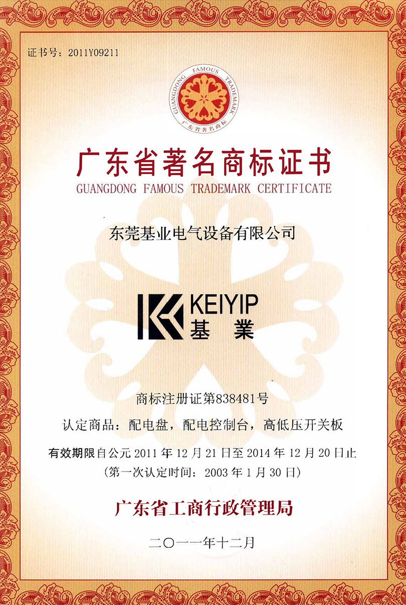 Guangdong Famous Trademark Certificate